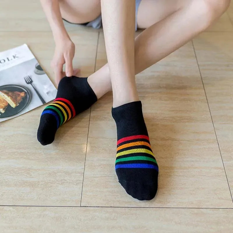 Harajuku cute rainbow ankle socks ladies funny kawaii color yellow white black cotton socks girls