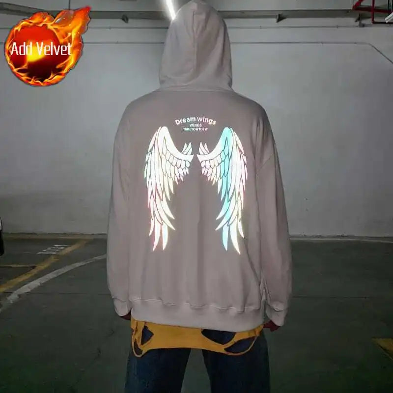 Reflective Male Hoodie Hip Hop Overfit New in No Brand Y2k Vintage Novelty and Simple 90s Tops Fleeced Men's Hooded Sweatshirt