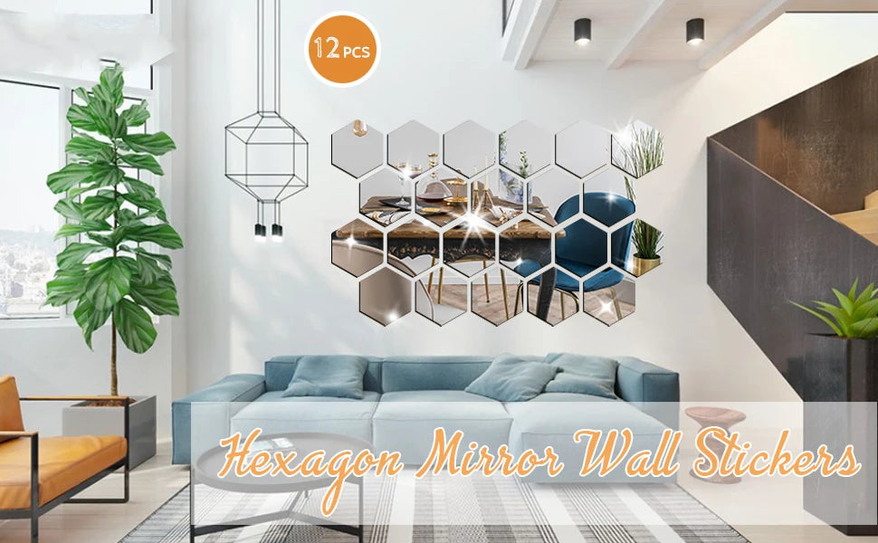 6/12pcs 3D Mirror Wall Sticker Hexagon Decal Home Decor DIY Self-adhesive Mirror Decor Stickers Art Wall Decoration 126mm Large