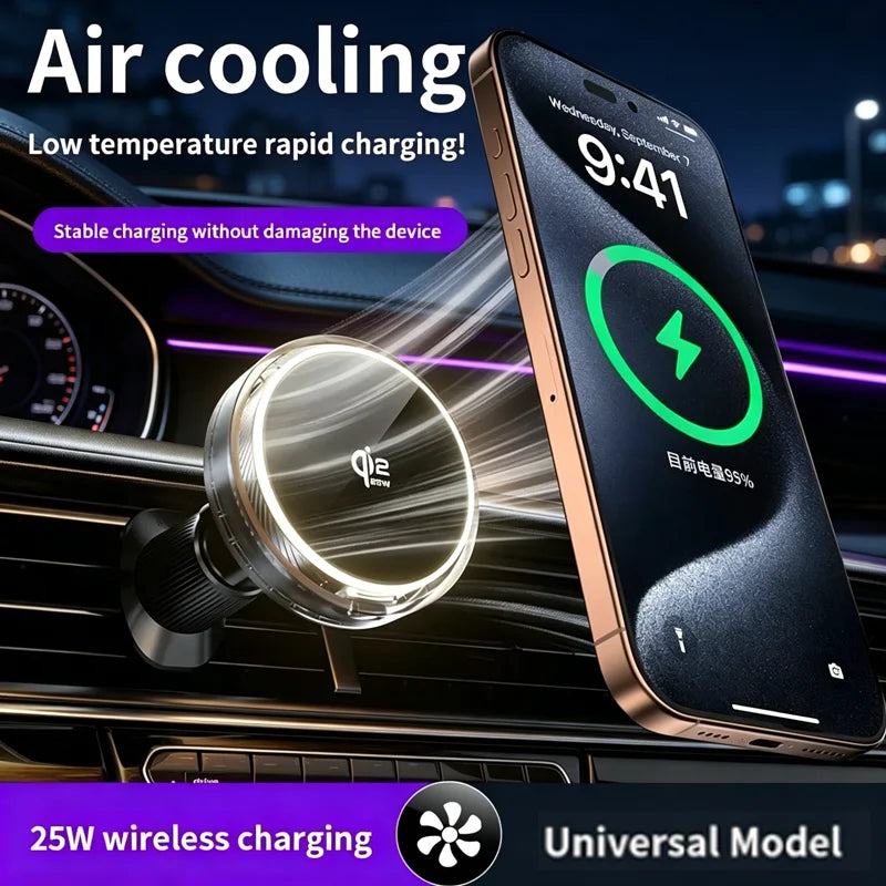 Car Magnetic Wireless Charger Qi2.2 25W Air Cooling RGB Light  Phone Holder For Magsafe iPhone 17 16 15 14 13 12 Fast Charging