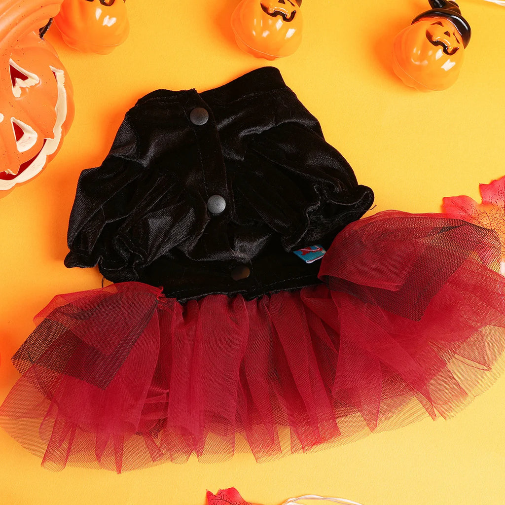 Halloween Pirate Wedding Dress Pet Clothes Dog Cat Black Thermal Dress Funny Red Skull Splicing Open Button Dress