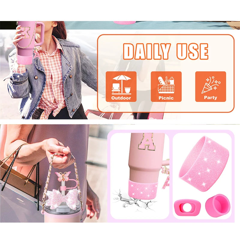 9PCS Set Bling Pink For Stanley Cup Cute Bow Letter Decoration 30oz 40oz Cup Spill Proof Stopper Keychain Handle Cup Accessoriy