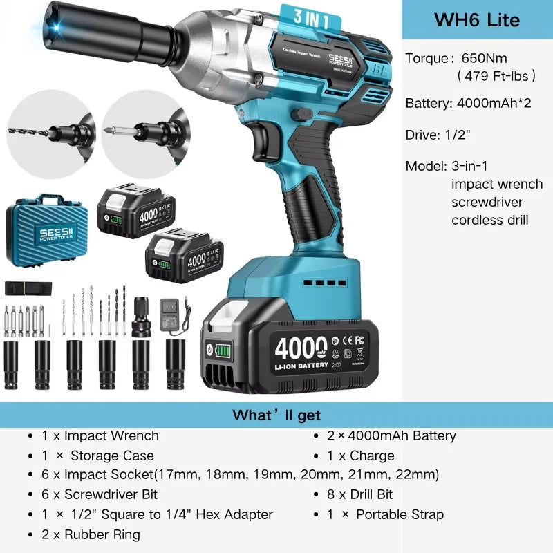 SEESII 3-in-1 Cordless Impact Wrench &amp; Electric Drill &amp;