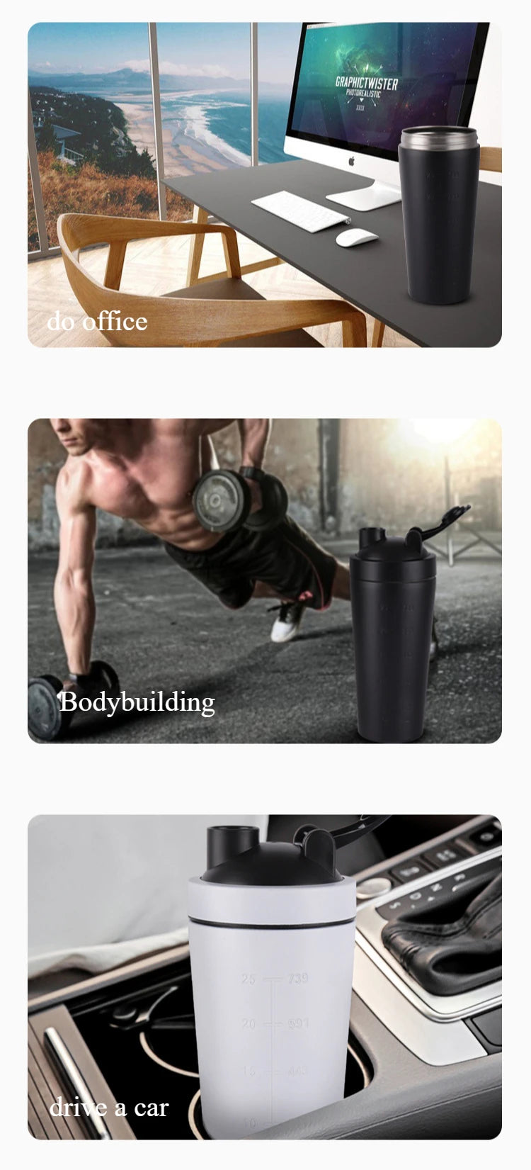 Shaker Bottle 500/750ML Stainless Steel Protein Owder Shaker Cup Clear Scale Mixer Nutrition Blender Mug Sports Gym Whey Drink