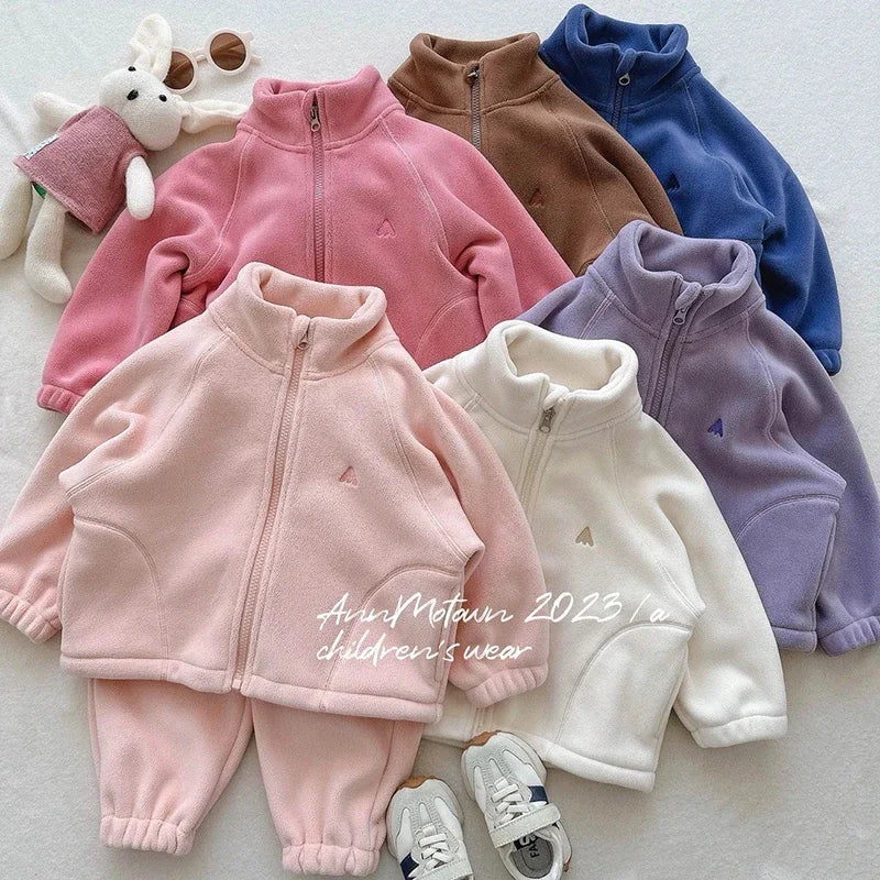 Children's Polar Fleece Suit Zipper Tracksuit Set for Boy Girl Baby Clothes Fall Winter Insulated Sweatshirt Pants Sportwear