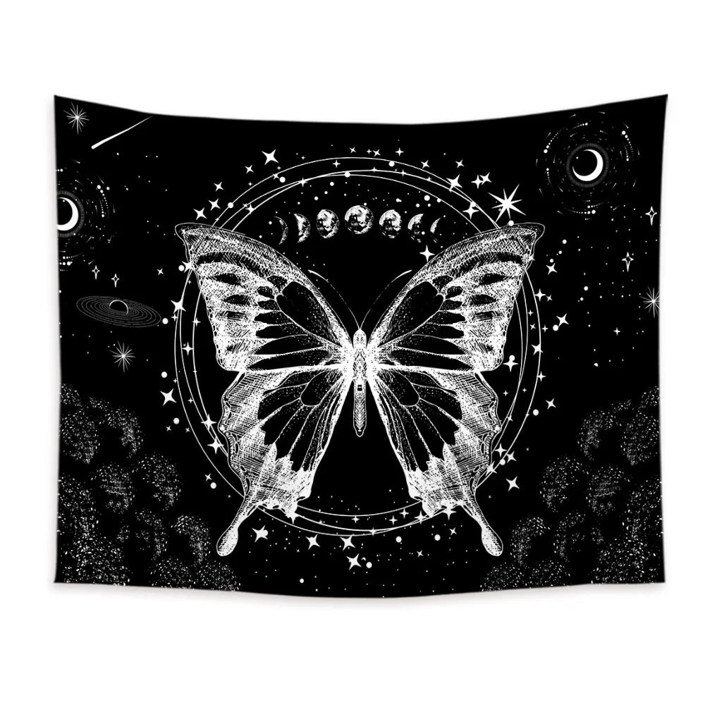 Butterflies and Moths Tapestry Black and White Flower Tapestry Wall Hanging Beach Blanket Romantic Bedroom Dorm Home Decor
