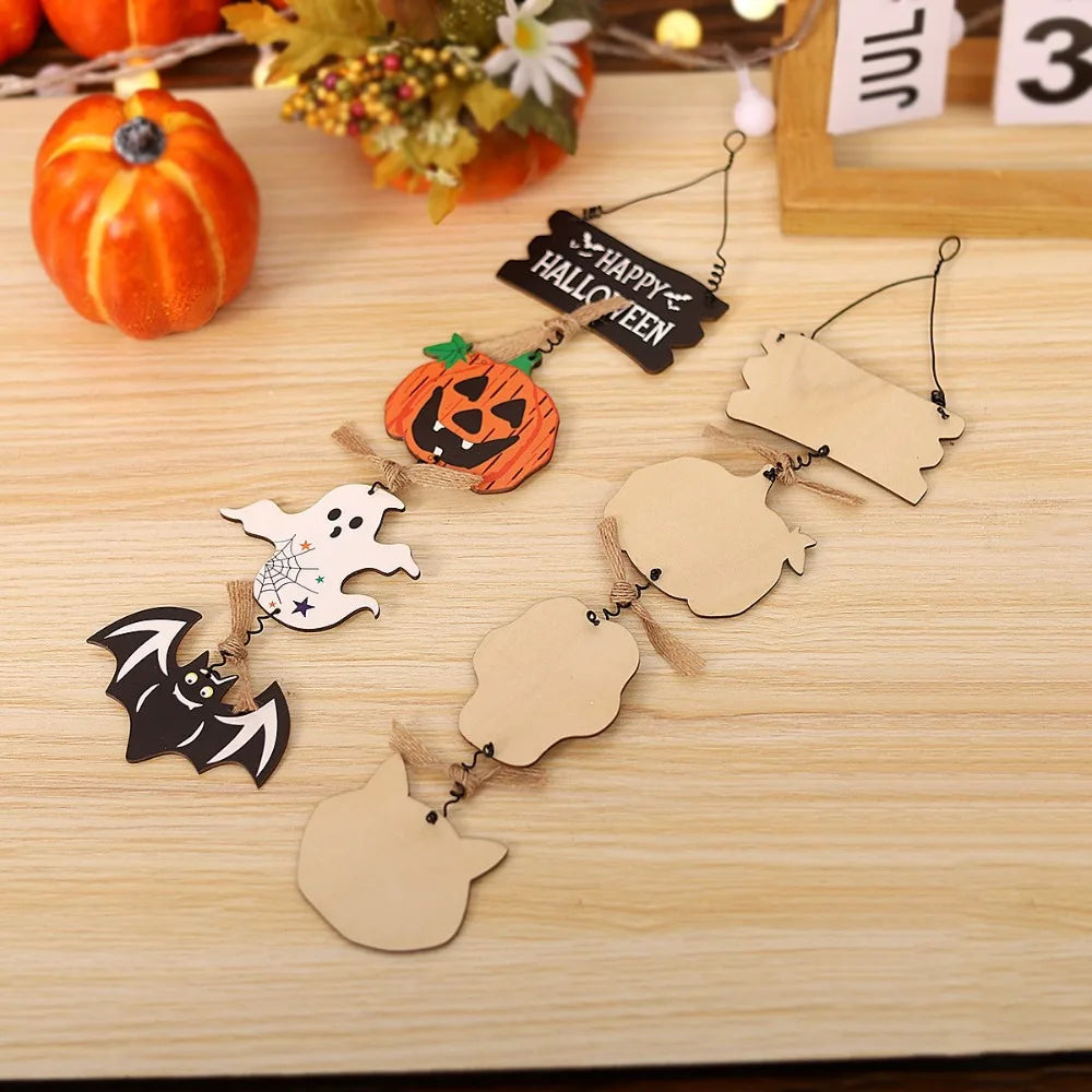 Halloween Wooden Door Sign Pumpkin Ghost Bat Trick or Treat Doorplate Horror Props Happy Halloween Door Hanging Pendents