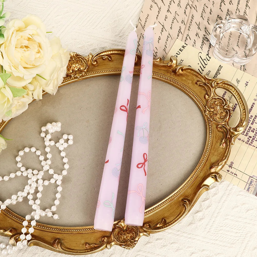 2pcs Colorful Printed Cherry Cone Stick Candles, Smokeless, Romantic, for Weddings, Valentine's Day, Heart-shaped Stick Candles