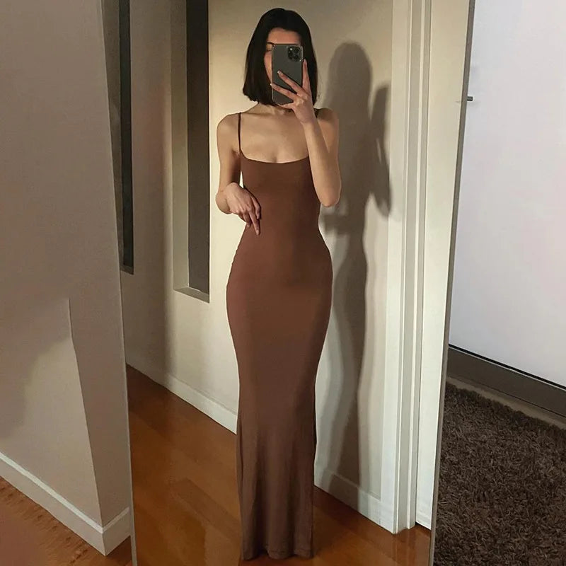 Wuzijing Satin Slip Sleeveless Backless Maxi Dress Y2k Summer - Grey