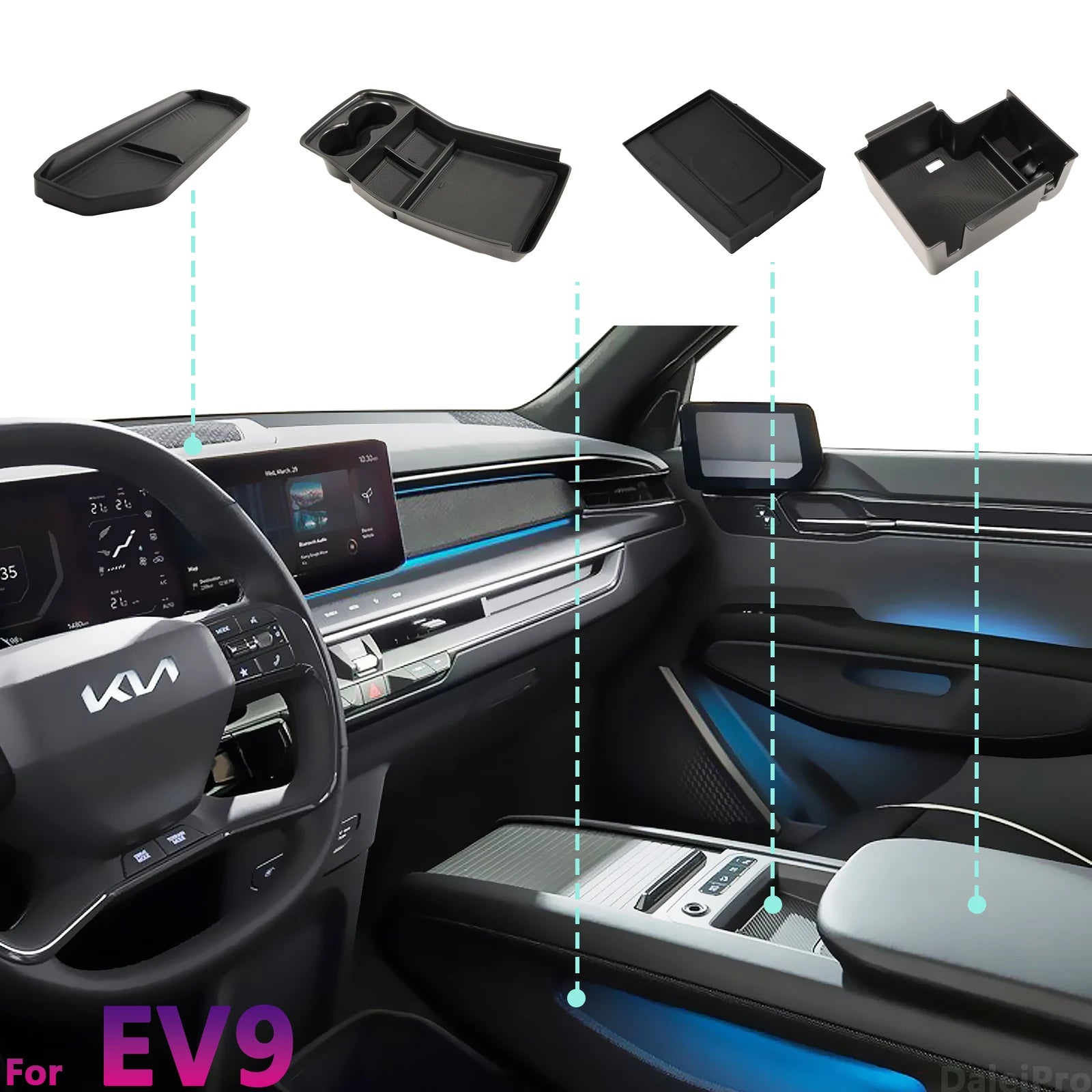 Car Armrest Storage Box Lower Center Console Organizer Cup Holder Storage Box Wireless Charger Panel Mat For KIA EV9 2024 2025