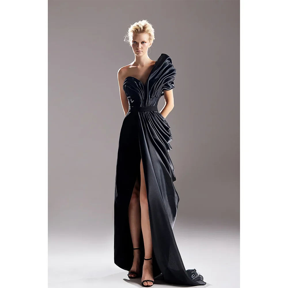 Black Evening Dress Sexy One Shoulder A Line Evening Gowns Pleated Thigh Slit Elegant Women's Formal Party Dresses Customized
