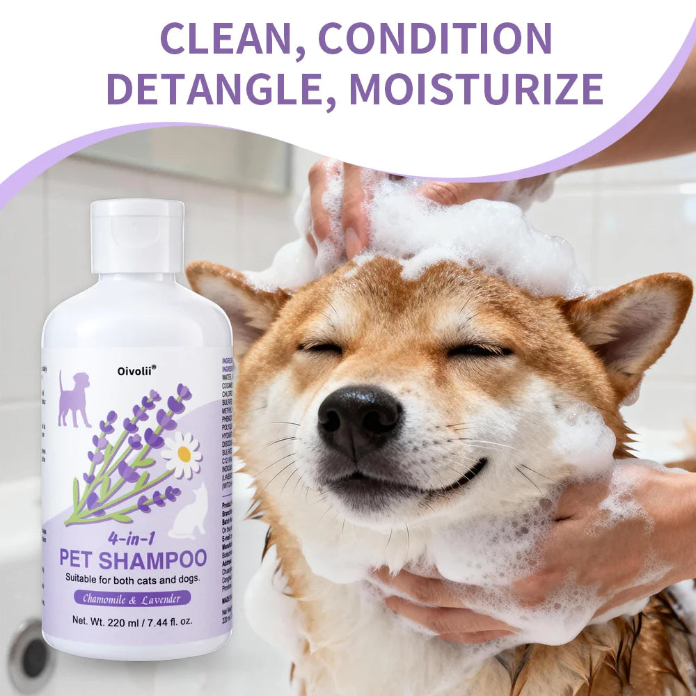 4-in-1 Dog Shampoo and Conditioner 220ml Wash Chamomile Lavender Gentle Formula Soothing Skin Deodorizes Cleanses Dirt Softens