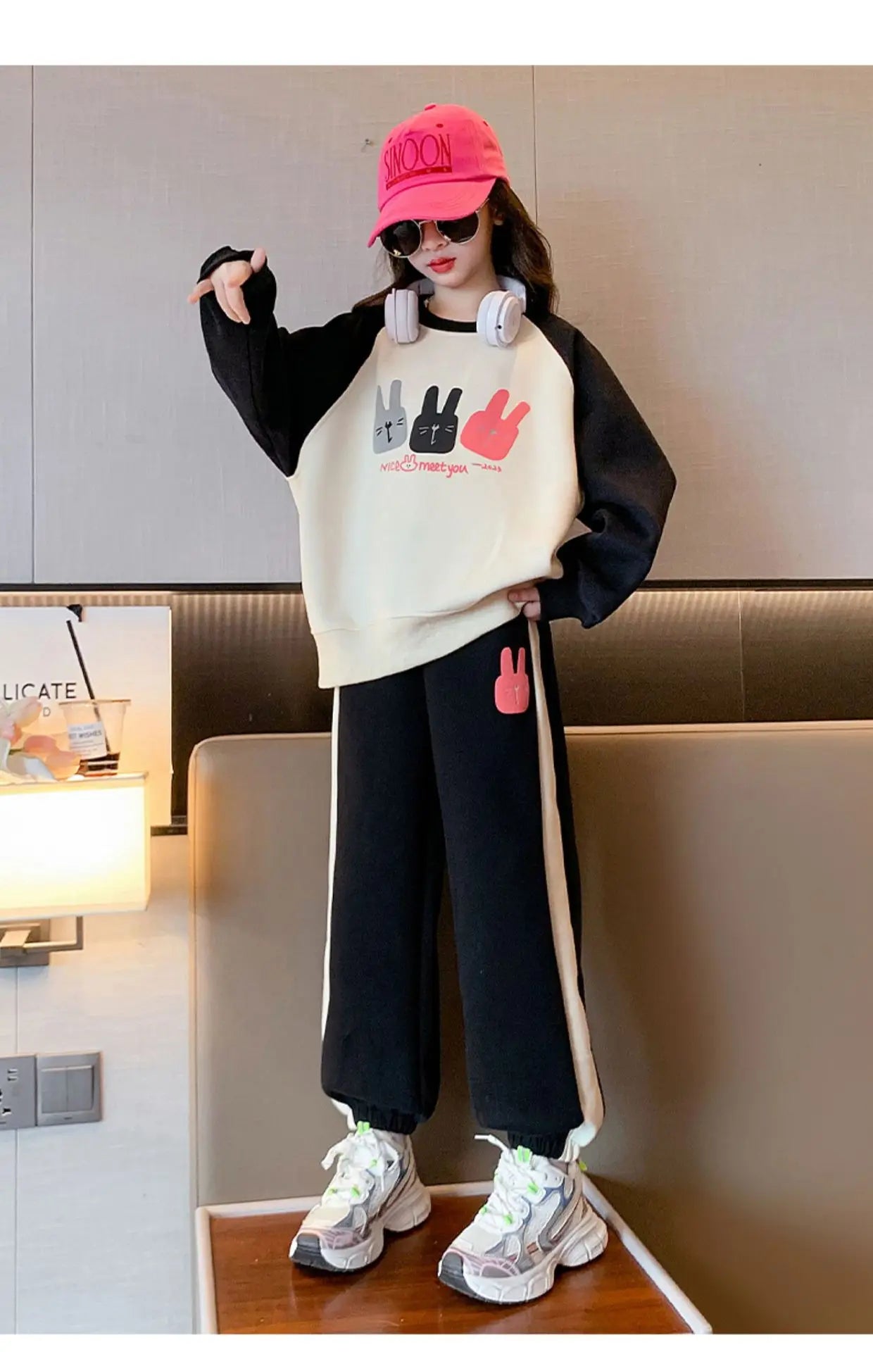 Girls Cotton Contrast Cartoon Alphabet Loose Sweatshirt+Sweatpant School Kids Tracksuit Child Jogger Outfit Workout Sets 5-16Yrs