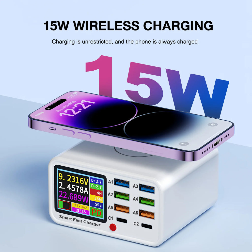 Unew Multifunction USB C Fast Charger 8 Port Desktop Charger Type C PD3.0 PPS QC3.0 15W Fast Wireless Charger for MacBook Phone