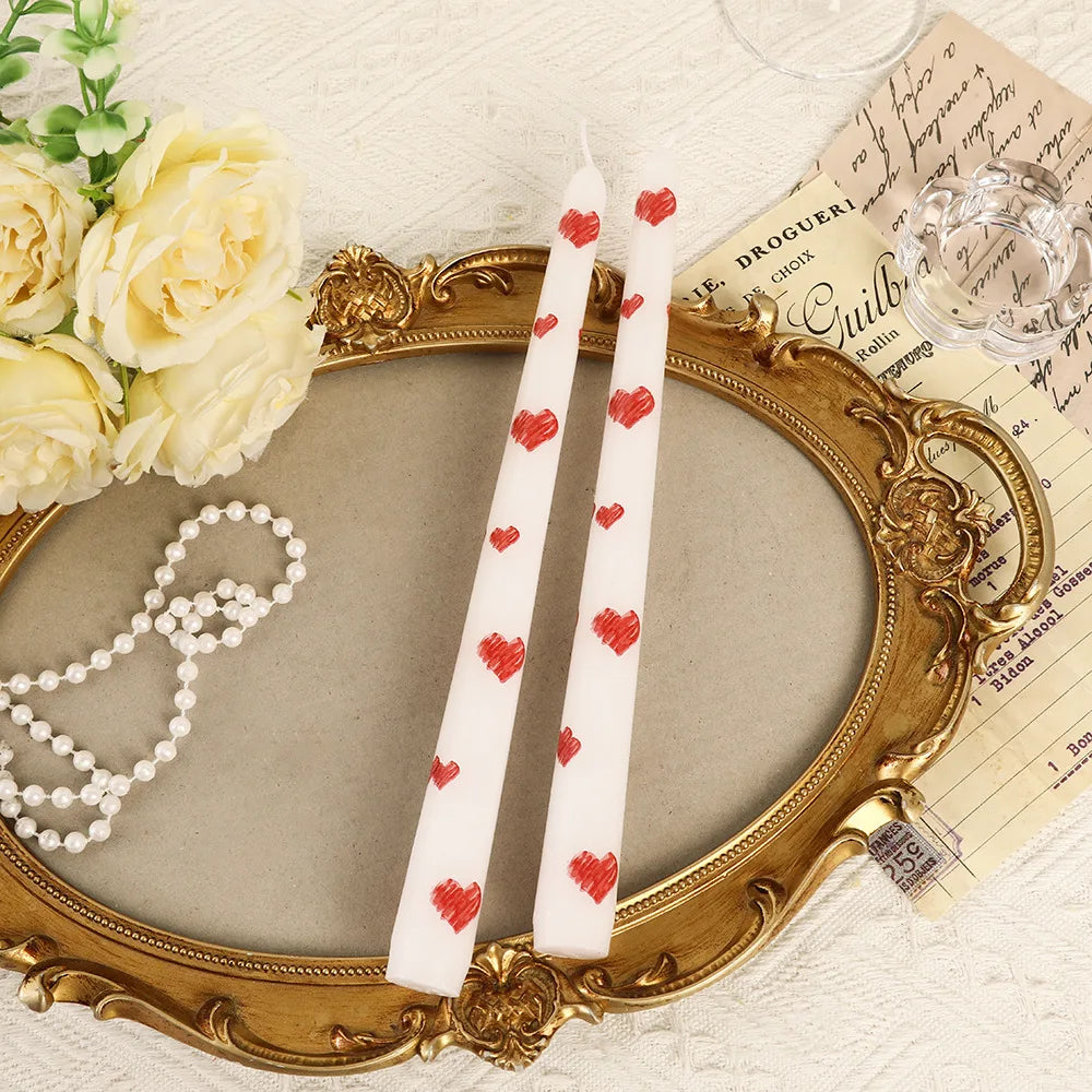 2pcs Colorful Printed Cherry Cone Stick Candles, Smokeless, Romantic, for Weddings, Valentine's Day, Heart-shaped Stick Candles