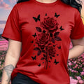 Red Rose Print Women T Shirt Elegant Butterfly Graphic