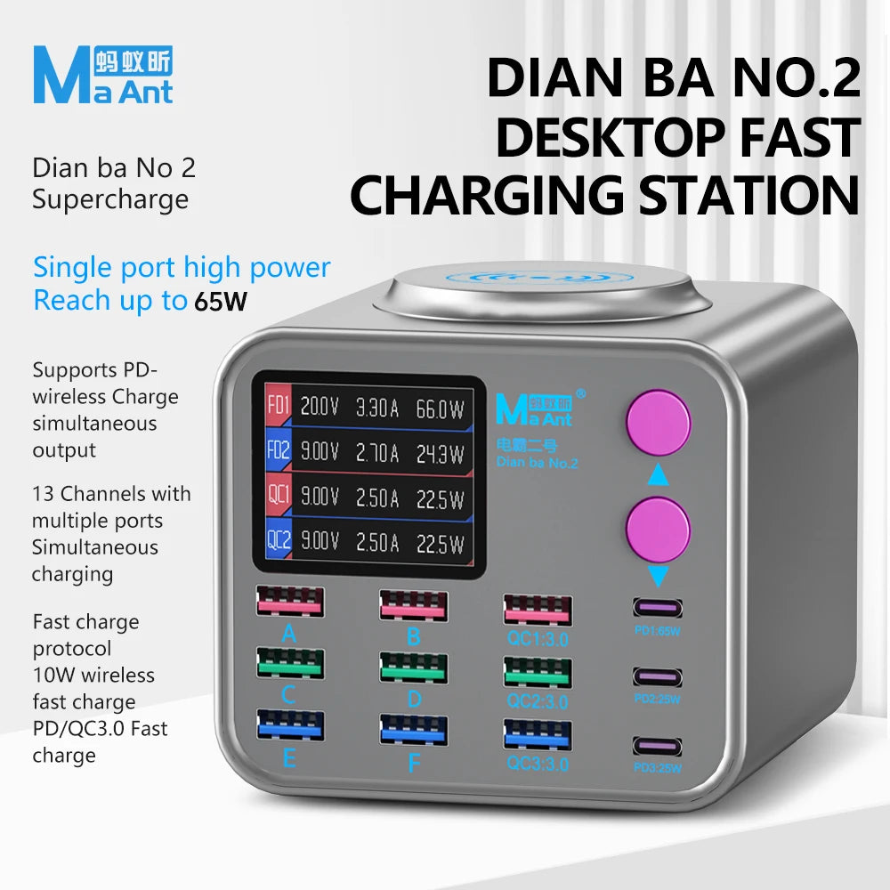 Multi-function Dianba NO.1 Pro 200W 20V 5A PD QC3.0 Fast Wireless Charger 8 Port USB Type C Mobile Phone Charger Desktop Hub