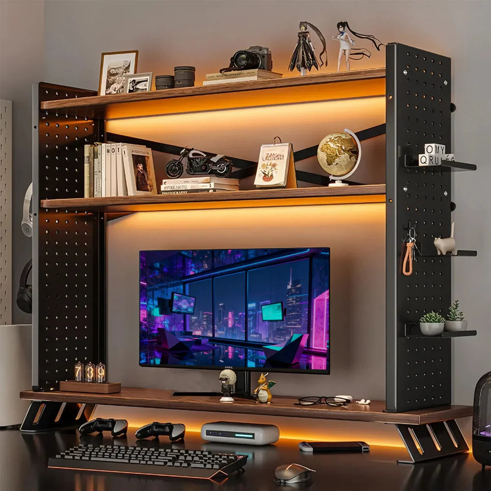 Computer monitor riser, dual-monitor desktop stand, ergonomic multi-purpose gaming desk organizer with an L-shaped wide base,