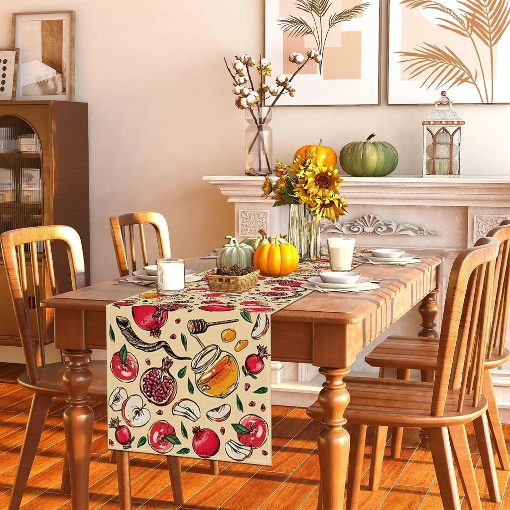Rosh Hashanah Linen Table Runners Pomegranate Honey Shofar Horn Dresser Scarf Table Decor Festivals Wedding Home Party Decor