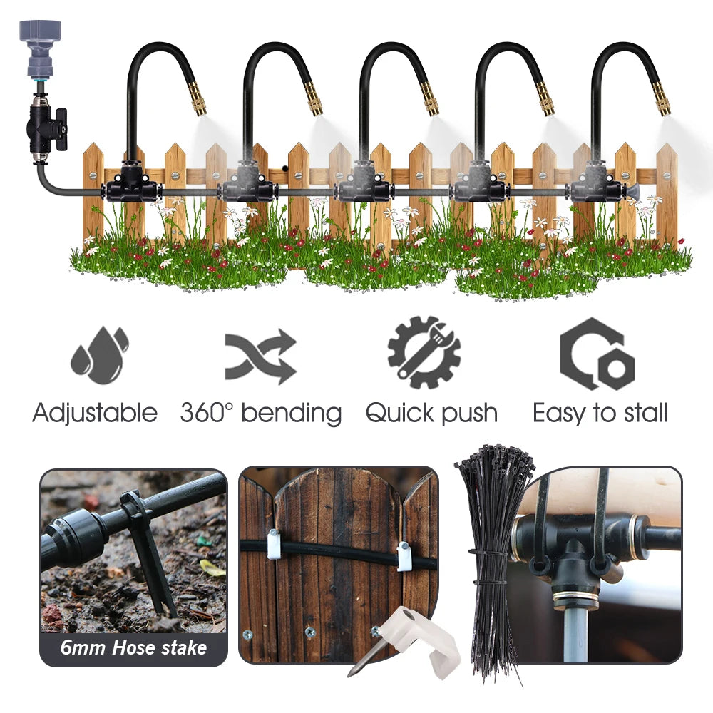 5-30m 1/4" 4/6mm Garden Misting Cooling System 360° Free-bend Misting Nozzle Adjustable Atomizer Sprayer Outdoor Watering Kits