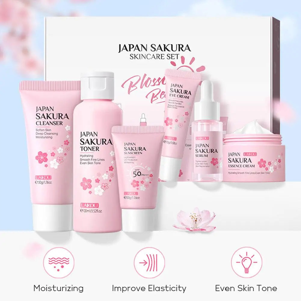 6PCs Sakura Skin Care Sets & Kits With Cleanser,Serum,Eye Cream,Sunscreen Cream Beauty Products For Women Gift Sets Routine Kit