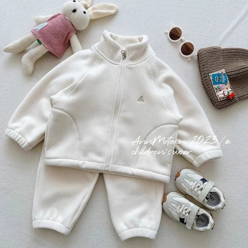 Children's Polar Fleece Suit Zipper Tracksuit Set for Boy Girl Baby Clothes Fall Winter Insulated Sweatshirt Pants Sportwear