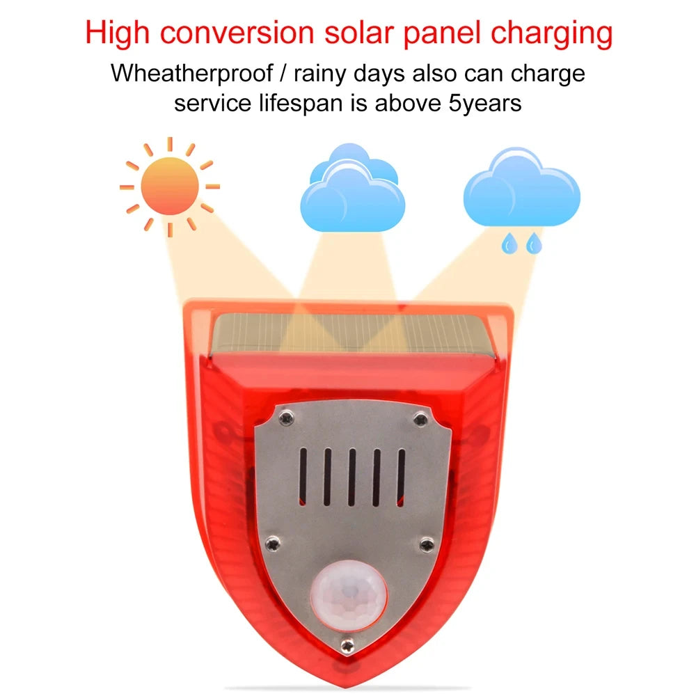 Solar Motion Sensor Alarm 129dB Siren 125° Detection 5-8m Range Weatherproof for Home Shed Garage Security Outdoor Protection