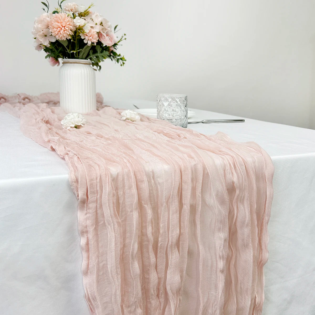 Wedding Pink Gauze Table Runner Semi-Sheer Vintage Cheesecloth Table Setting Dining Party Christmas Banquets Arches Cake Decor