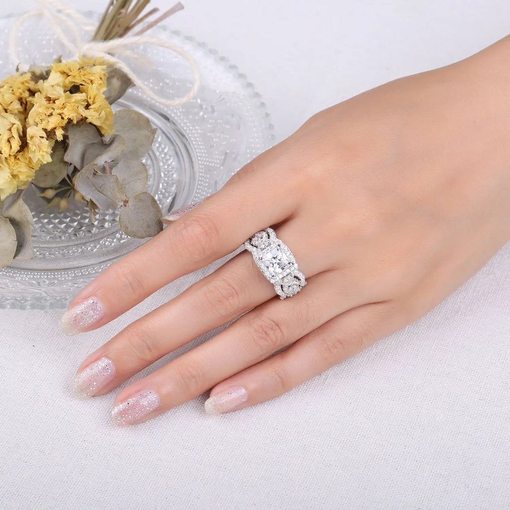3-Pc 925 Sterling Silver Halo CZ Ring Set