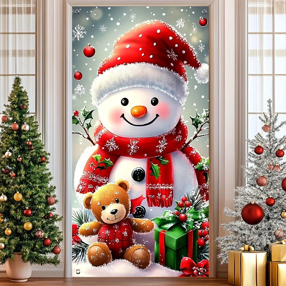 A 2D flat Christmas polyester door banner with a snowman and teddy bear design, suitable for festive party decoration