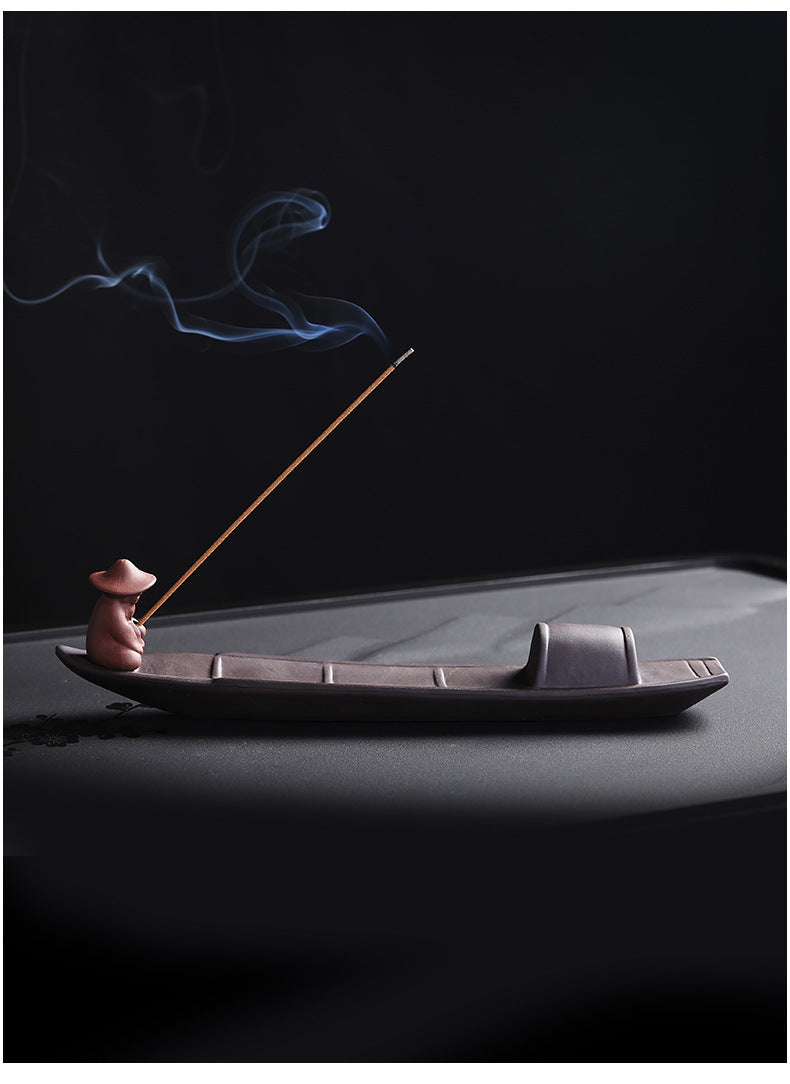 1pc Incense Stick Holder, Zen Meditation Purple Clay Fisherman Fishing Incense Stick Holder Home Decor (Without Incense)