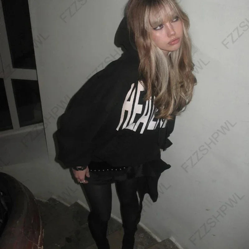 Y2k American Harajuku Punk Hip-Hop Gothic Letter Print Sweatshirt Hoodie Men And Women Retro Two-Fake Loose Oversized Steetwear