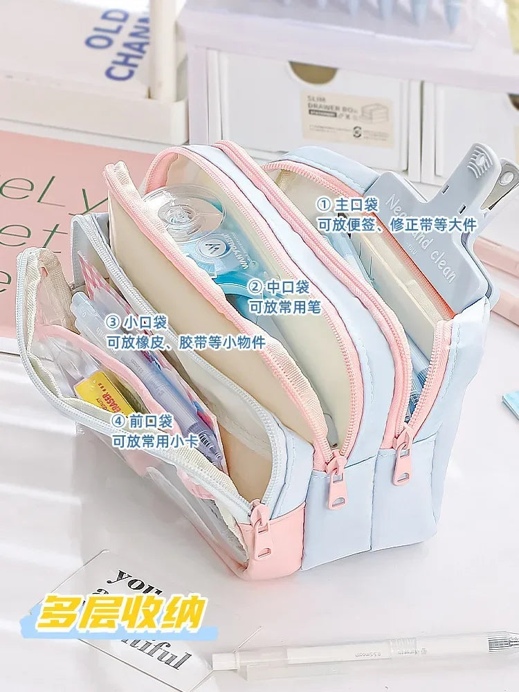 Kawaii Pencil Bag Large Capacity 3 Compartments Pencil Case Pen Pouch Desk Organizer School Supplies Cute Korean Stationery