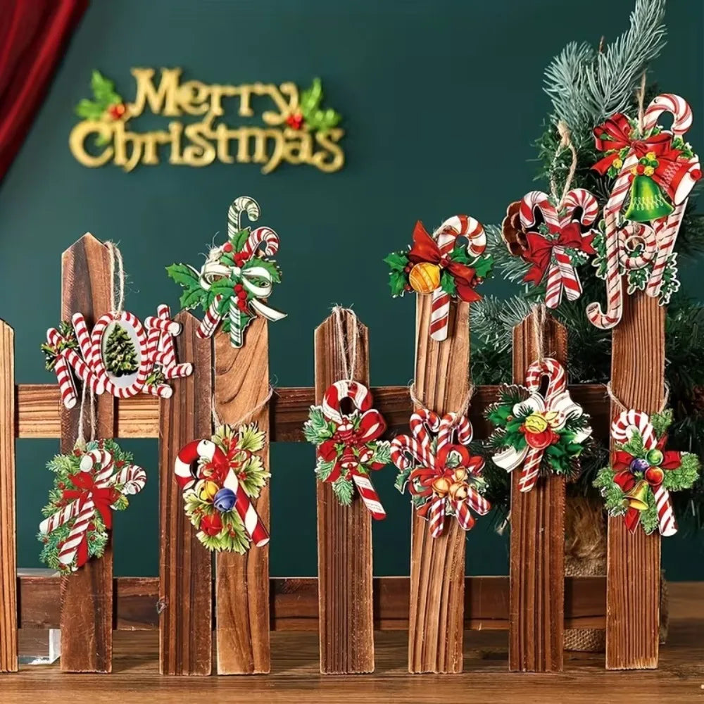 12 Pcs Wooden Christmas Tree Ornaments Cute Candy Cane Bow Bells Hanging Pendants Fun Xmas Holiday Decorations Accessories