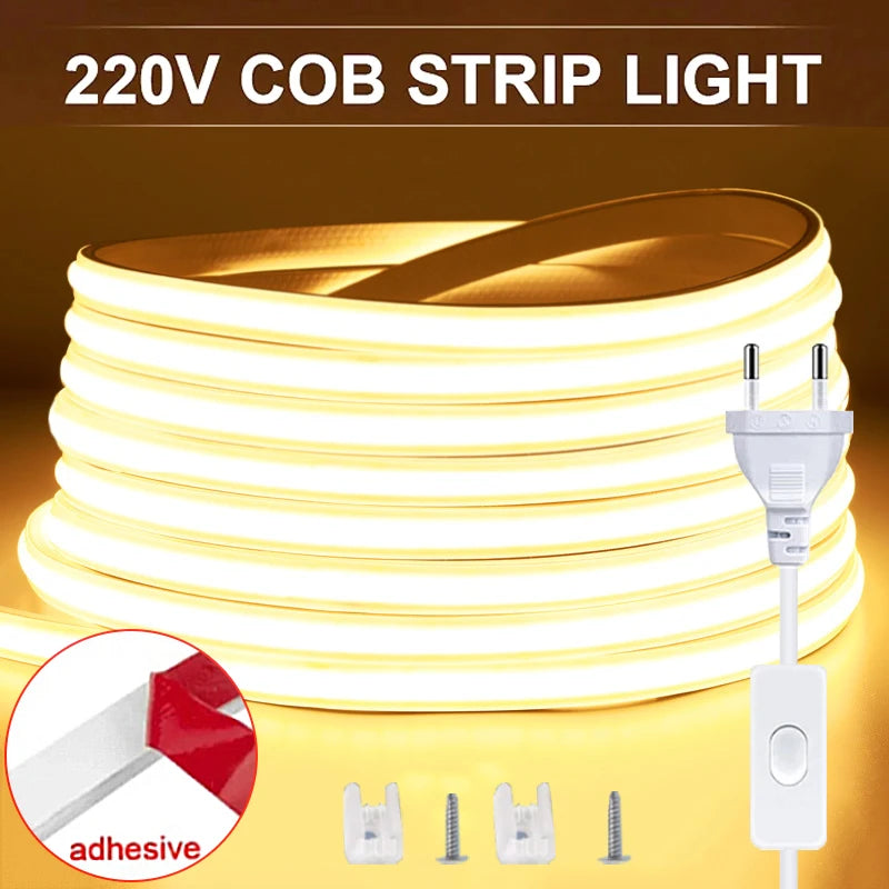 COB LED Strip Light 220V EU Plug High Brightness Flexible Ribbon Tape 220V Led Strip For Home Kitchen Lighting