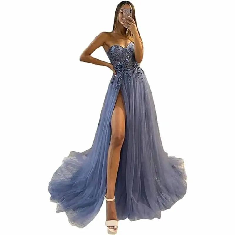 Sparkle Tulle Prom Dresses 2025 Sweetheart 3D Appliques Wedding Dresses Long Formal Evening Ball Gowns with Slit Dress for Women