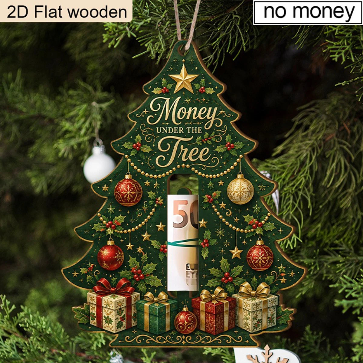 Christmas Tree Wooden Money Holder Ornament 2D Flat Wood Cash Clip Hanging Decor Merry Christmas Tree Shape Money Holder Gift
