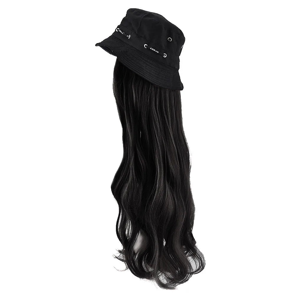 Bucket Hat Synthetic with Hair Cap Fashion Long Curly Hair Big