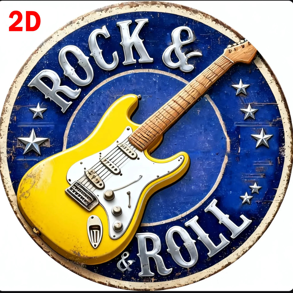 Rock & Roll Guitar Themed Aluminum Metal Tin Sign , Foil Engraved Wall Art Decor - For Home Office - Ideal for Living Room, Bar