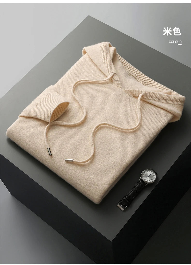 MVLYFLRT Men's 100% Merino Wool Sweater Hooded Collar Knitted Pullover Sweatshirt Autumn Winter Casual Large Tops Long Sleeved