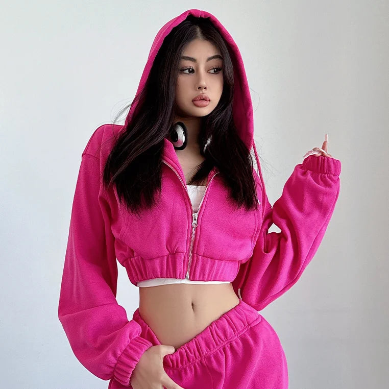 WOMENGAGA Short Zipper Sweatshirt Large Pocket Wide Leg Pants Two Piece Casual Plush Set For Winter Women Fashion Sweet 2PTB