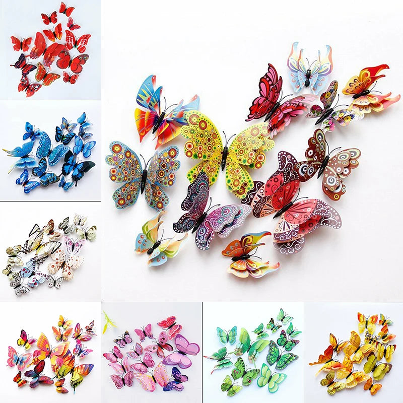 12Pcs Double Layer 3D Butterfly Wall Stickers Home Room Decor Butterflies For Wedding Decoration Magnet Fridge Decals
