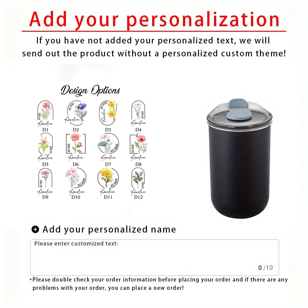 Customizable birthday flower stainless steel water cup,Customized name coffee cup，Birthday、Valentine's Day gift.