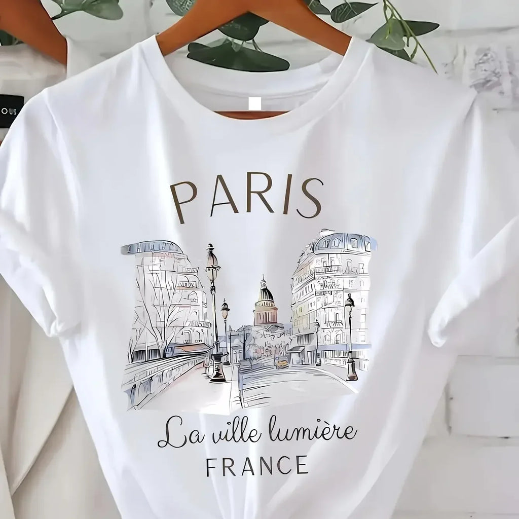 Y2k T Shirt Paris Women Print T-Shirt Girl Short Sleeve - Fq800T White