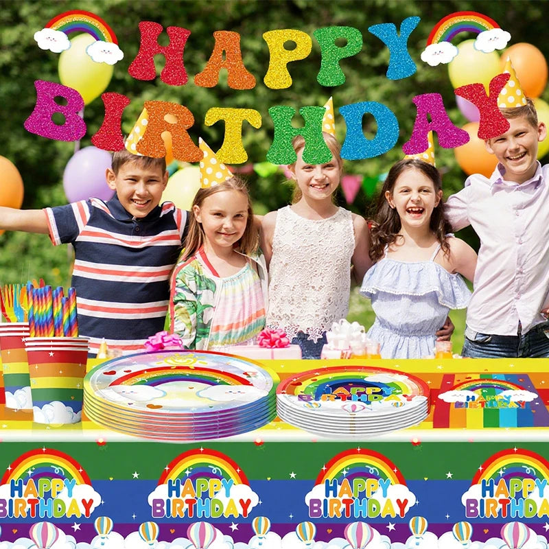Rainbow Party Tableware Set Paper Plates Cups Napkins Tablecloth Banner Kids Boy Girl Happy Birthday Party Decoration Supplies