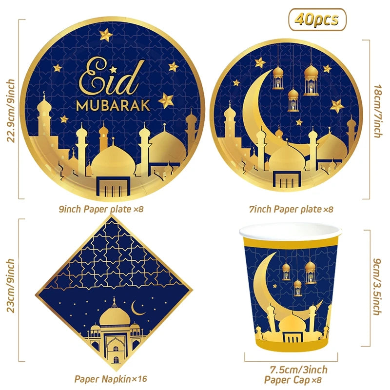 Blue Gold Eid Mubarak Ramadan Moon Festival Muslim Party Disposable Tableware Cups Plates Napkins Baby Shower Party Decorations
