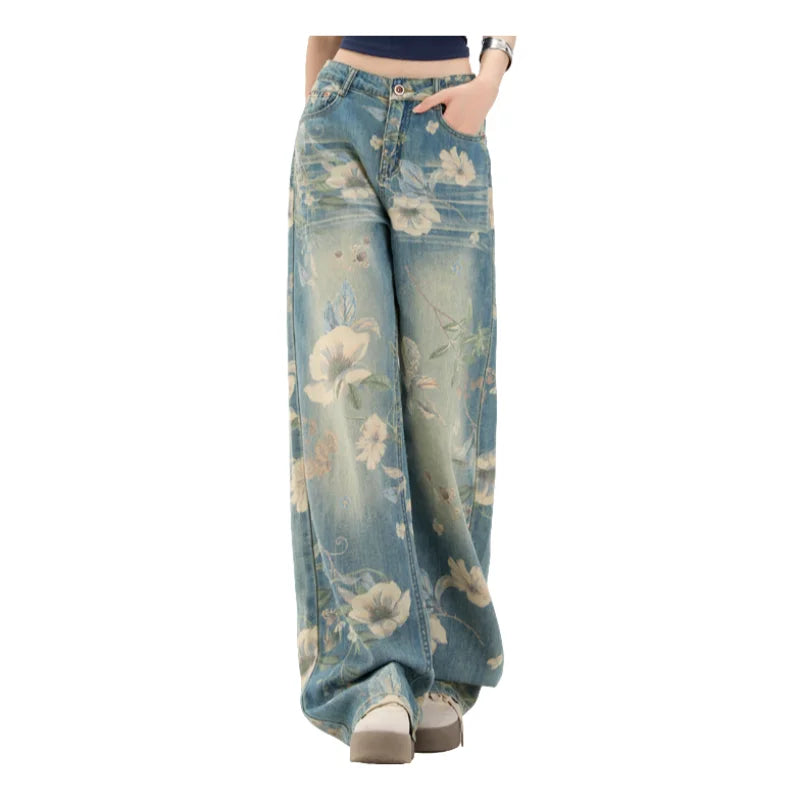 Summer Y2K Pants Jeans for Woman Loose Fit High Waist Retro Wide