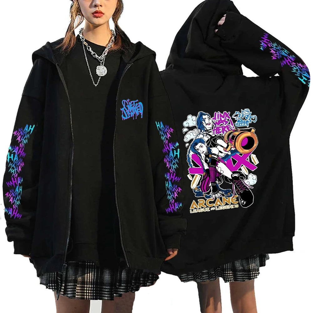 Arcane-Jinx Zipper Hoodie Harajuku Anime Monkey Graffiti Pullover Sweatshirt Men Women Streetwear Gothic Game Lover Zip Hoodie