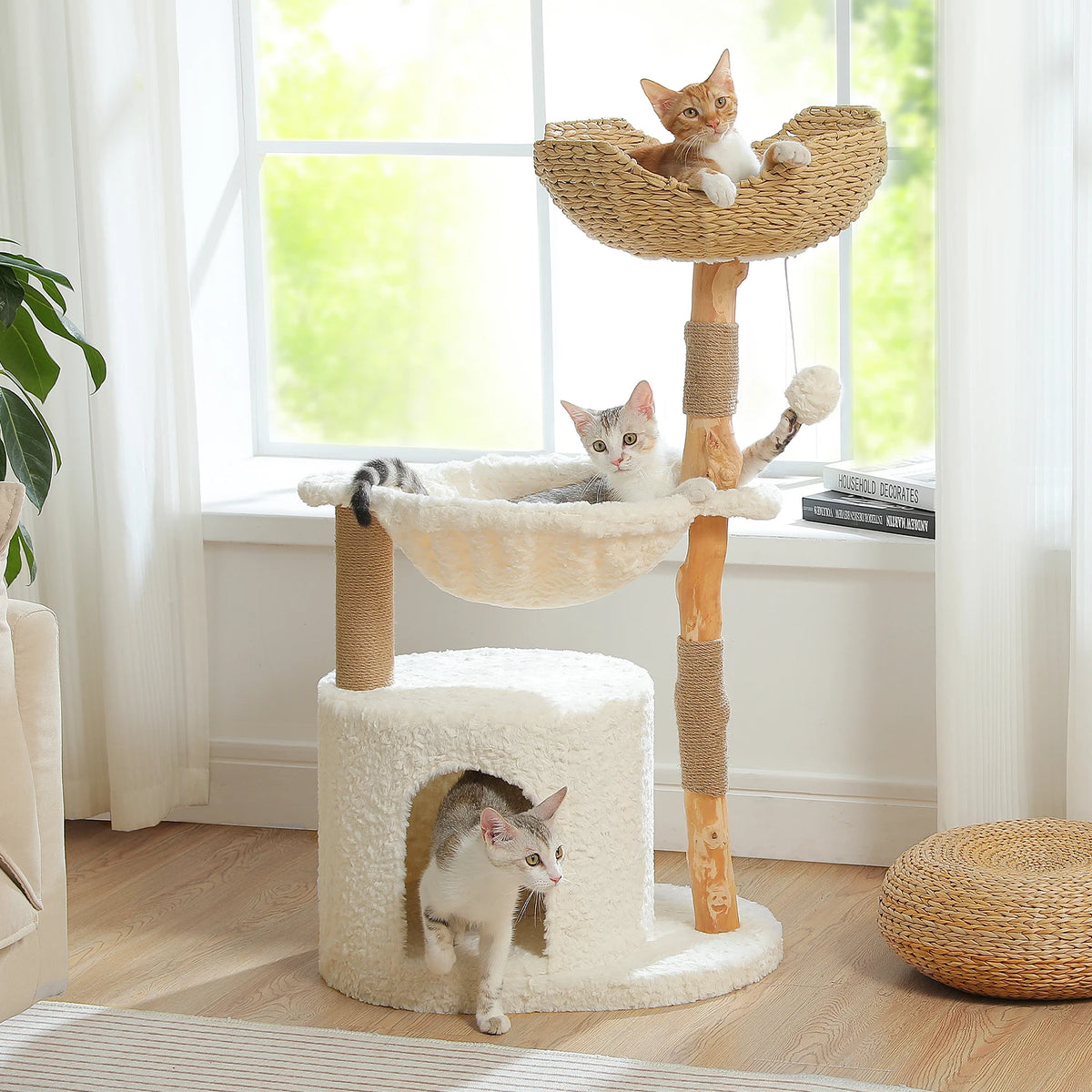 Modern Cat Tree Tower with Natural Solid Wood Scratching