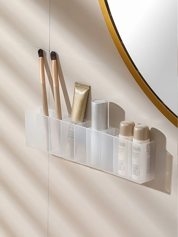 Transparent Wall-Mounted 3-Compartment Organizer - Self-Adhesive Storage Box for Makeup Brushes, Lipstick, Pens - With Shelves